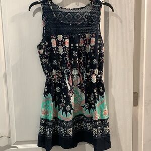 EUC Sweet Journey Blue and Pink Floral Print Lace Neckline Dress